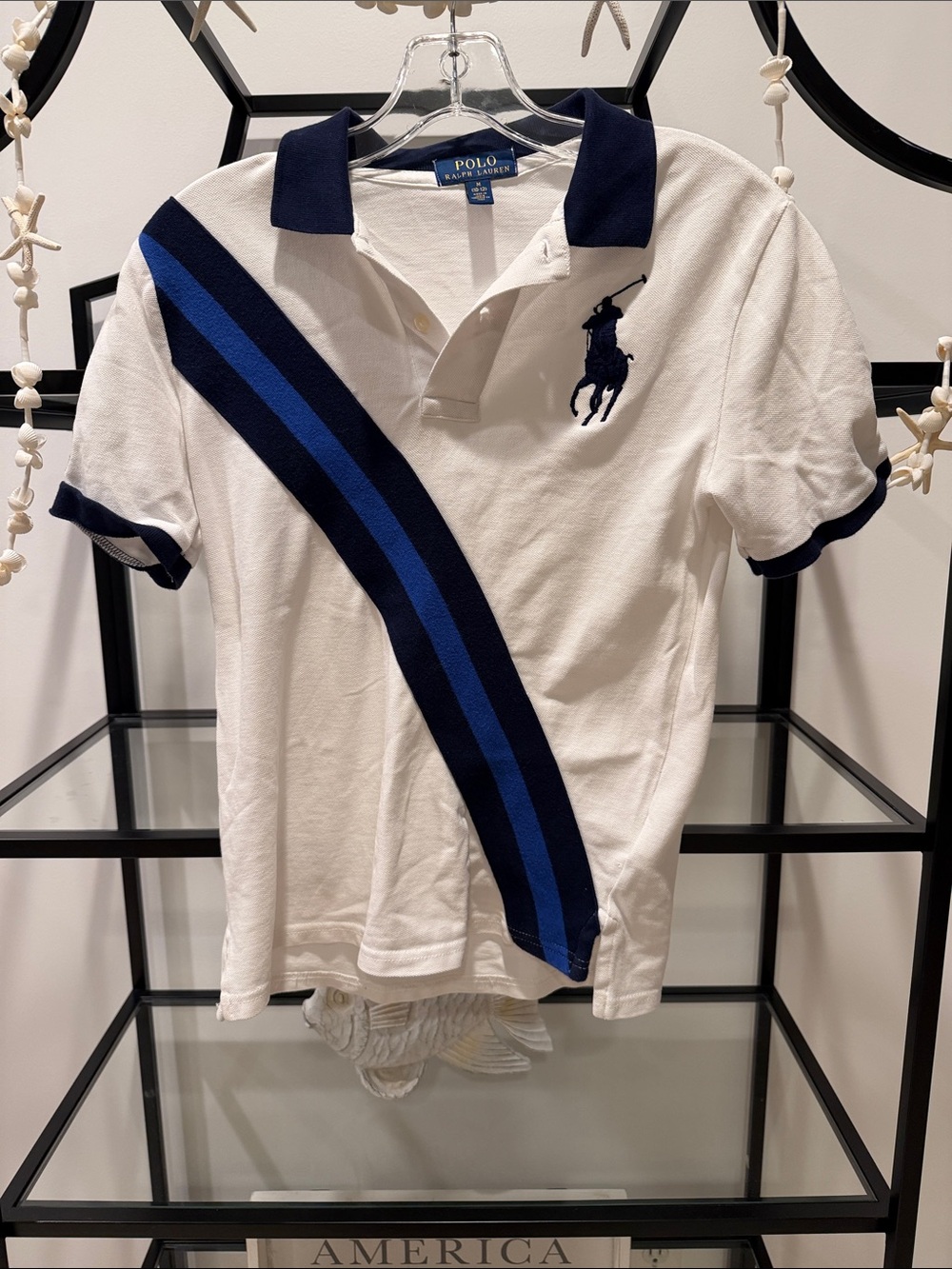 Polo by Ralph Lauren White Polo with Navy and Royal Blue Diagonal Stripes